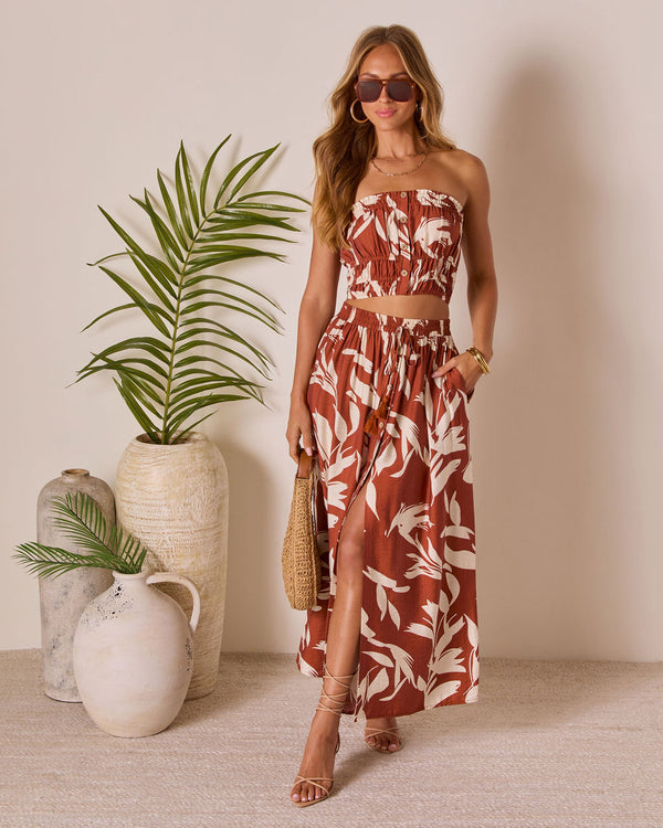 Roslina Tassel Tie Maxi Skirt Camel Print