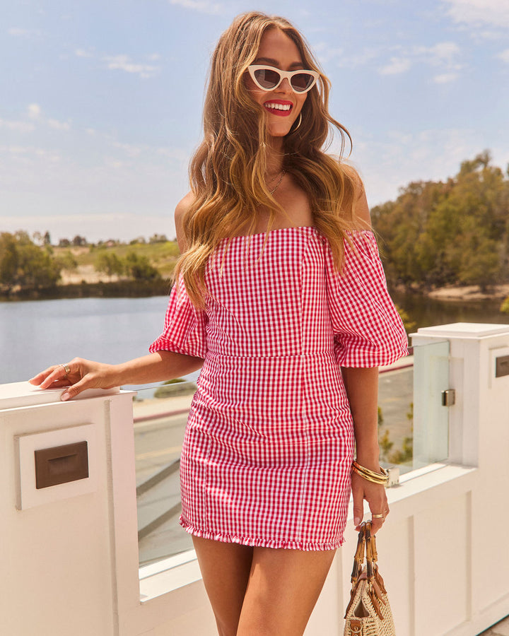 Rosie Gingham Off The Shoulder Mini Dress