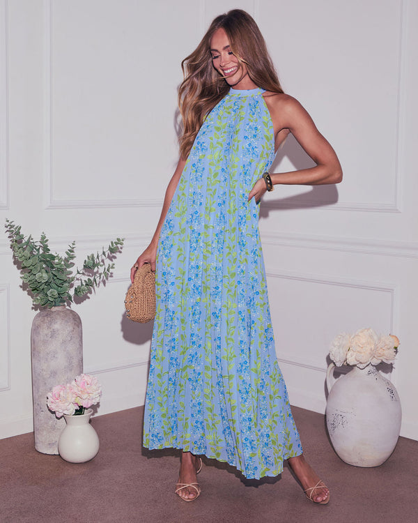 Vaughn Floral Pleated Halter Maxi Dress Blue Multi