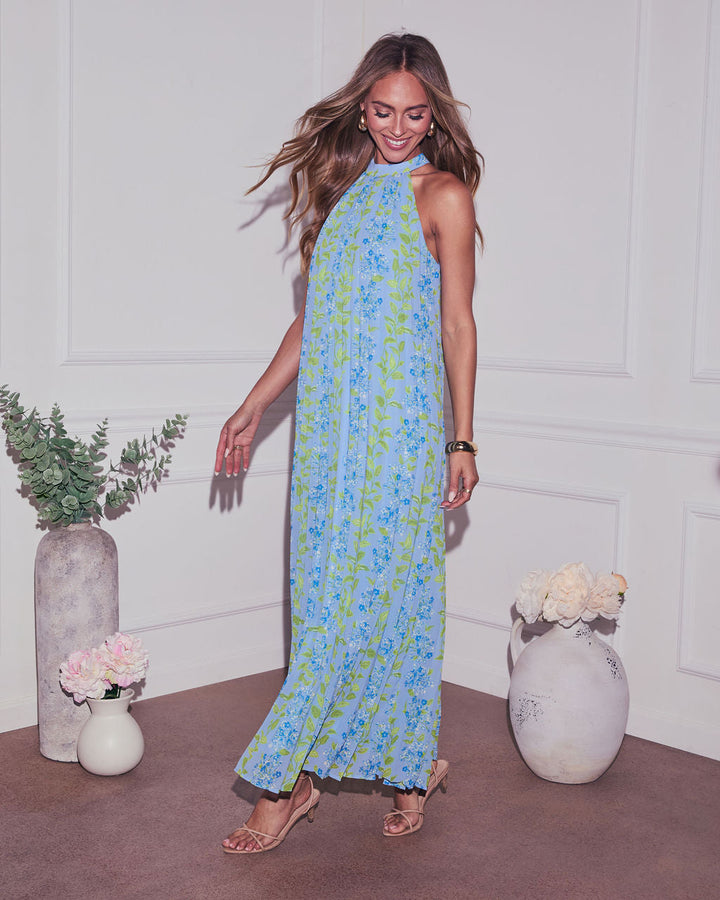 Vaughn Floral Pleated Halter Maxi Dress