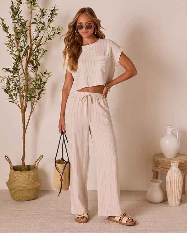 Tippie Linen Pinstripe Top Oatmeal