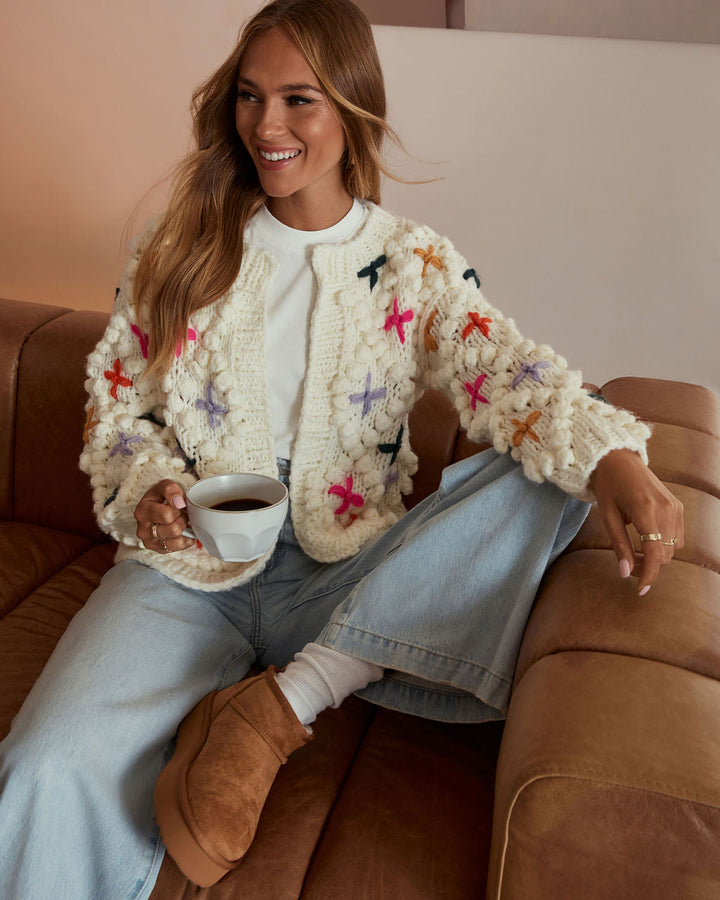 Cozy Moments Embroidered Pom Pom Cardigan Ivory