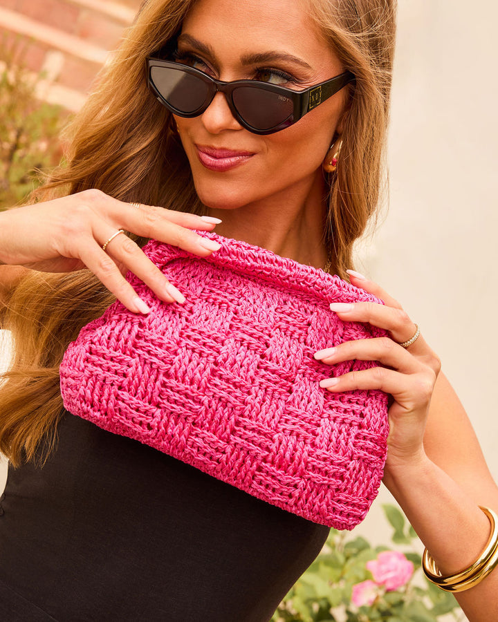 Ruma Woven Straw Pouch Clutch Fuschia O S