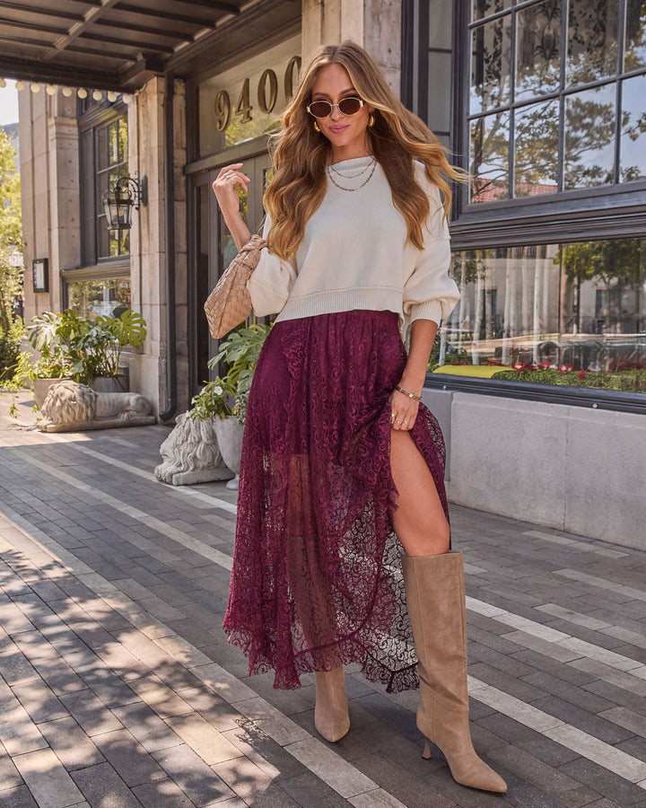 Mulled Wine Lace Midi Skirt Burgundy