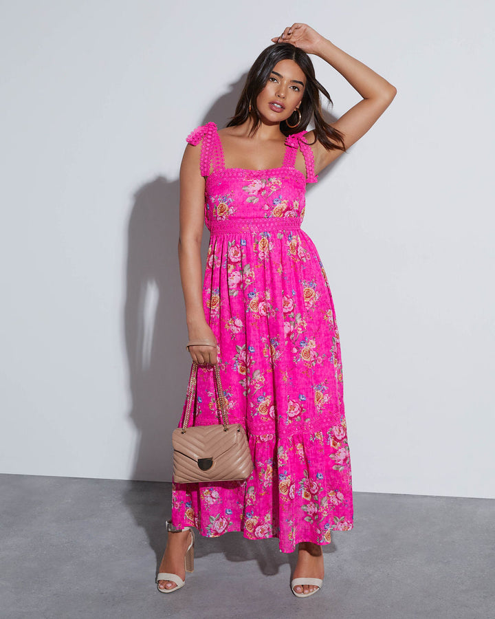 Mirabelle Tie Shoulder Floral Midi Dress Pink