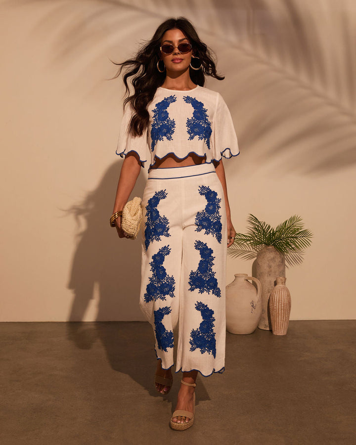 Ocean Drive Embroidered Cropped Linen Top