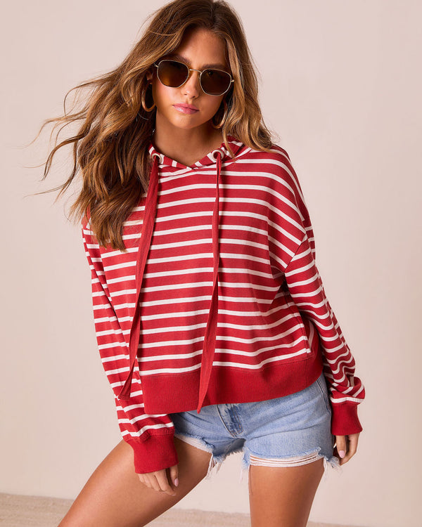 Farrien Striped Hooded Drawstring Sweater Red Stripe