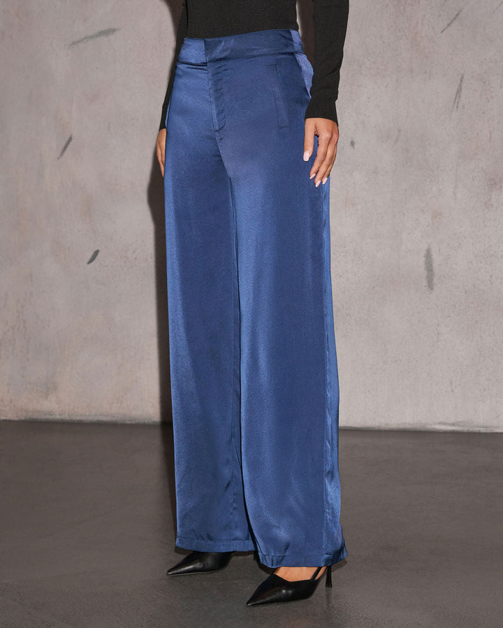 Cut Corners Satin High Rise Pants Navy