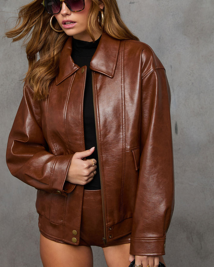 Shes It Oversized Leather Bomber Jacket Chocolate Brown