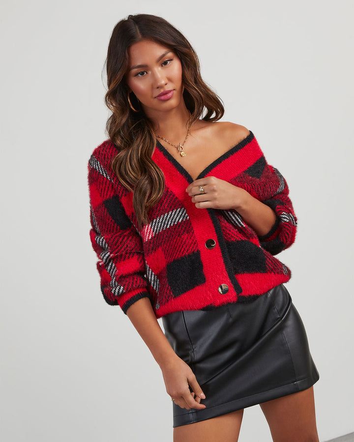Taylor Plaid Fuzzy Knit Cardigan Red Black