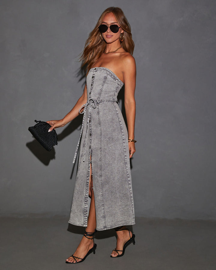 Peggy Button Front Strapless Denim Maxi Dress