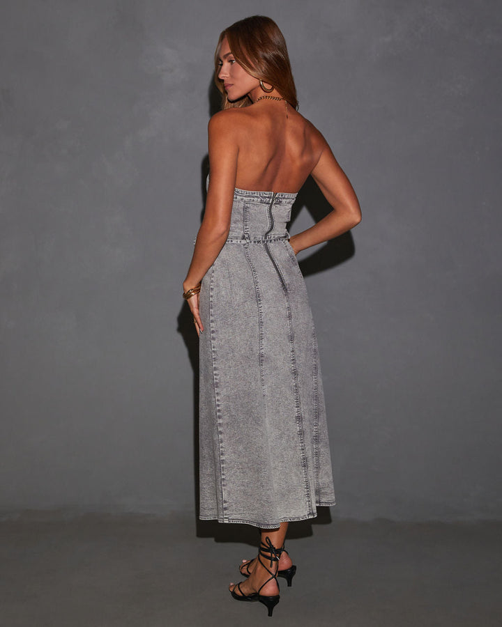 Peggy Button Front Strapless Denim Maxi Dress