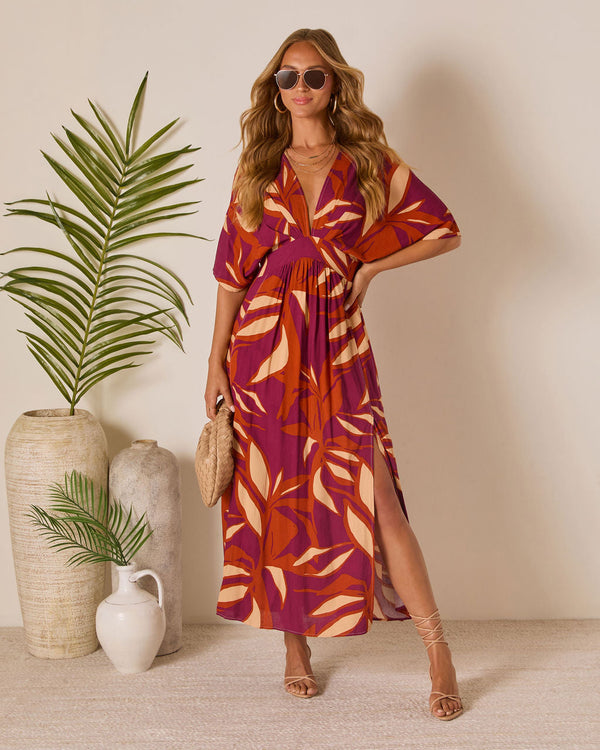 Erin Printed Kimono Sleeve Maxi Dress Wine Tropical