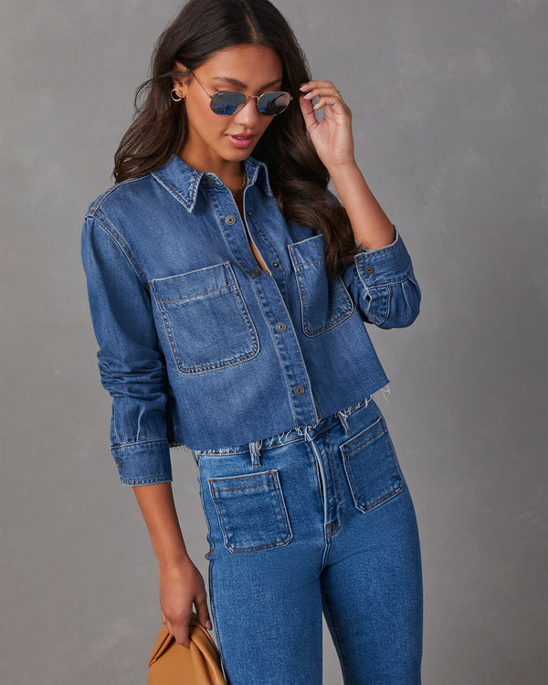 Jamie Cropped Denim Button Down Top Medium Wash