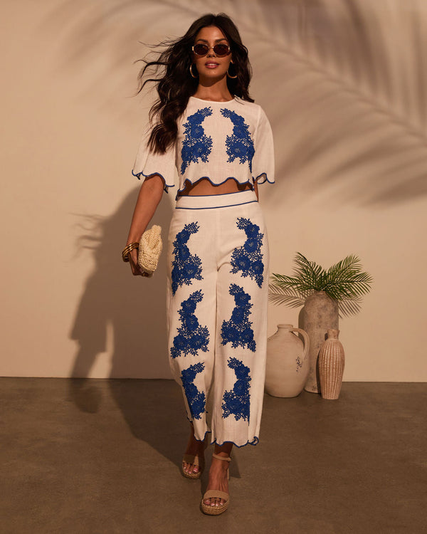 Ocean Drive Embroidered Linen Pants Off-White Blue