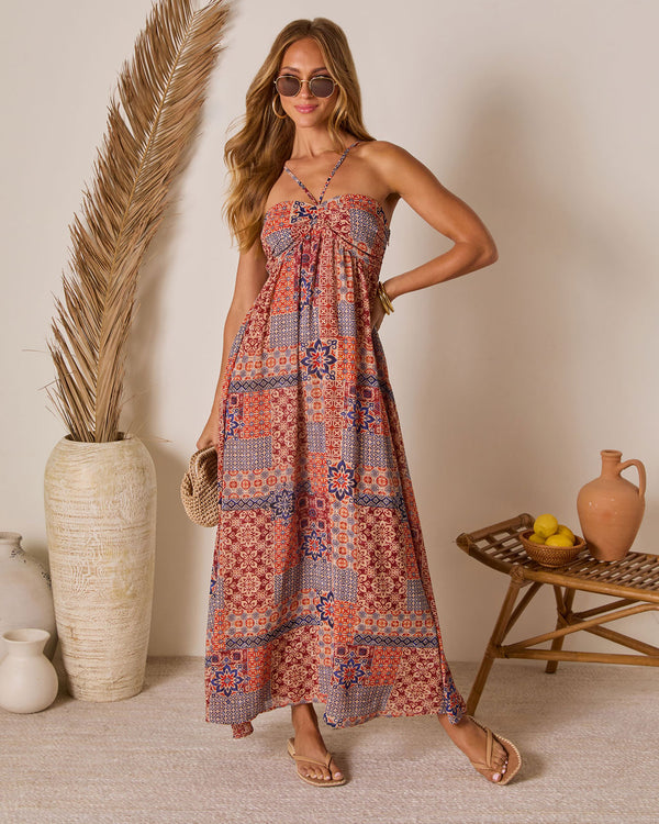 Eliora Tropical Print Halter Maxi Dress Blue Multi