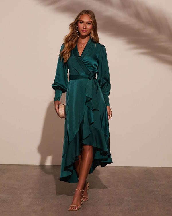 Vilma Satin Wrap Midi Dress Emerald