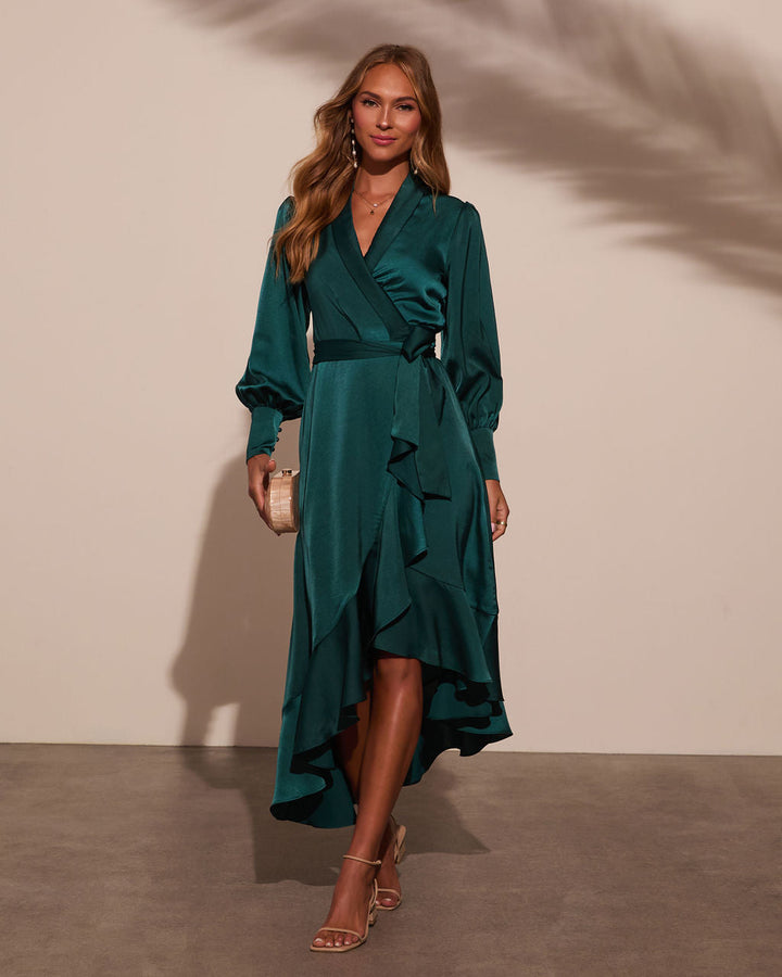 Vilma Satin Wrap Midi Dress Emerald