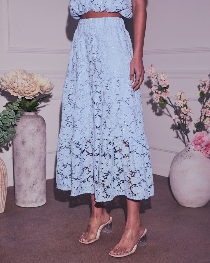 Morning Dew Floral Lace Midi Skirt Powder Blue