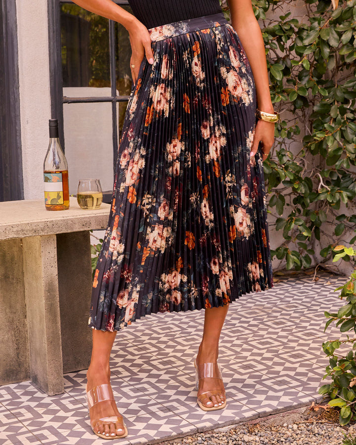 Dearest Bloom Plisse Midi Skirt Black