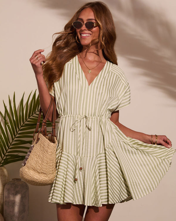 Dylann Striped Mini Dress Light Sage Ivory