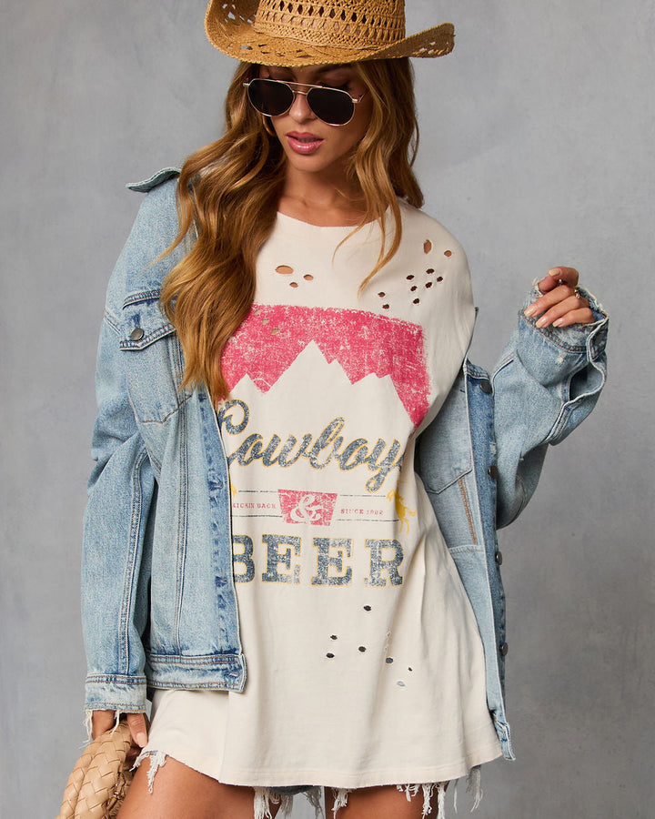 Cowboys and Beer Distressed Oversized Graphic Tee Cream
