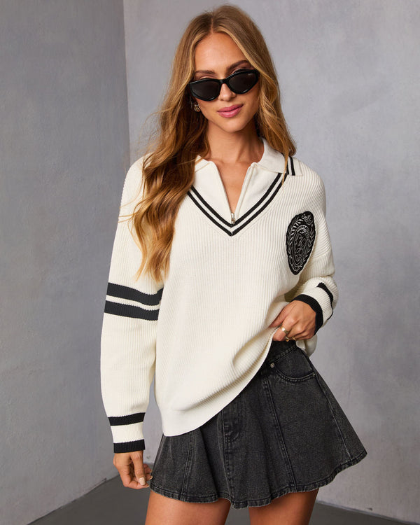 Jiles Embroidered Crest Partial Zip Sweater Ivory