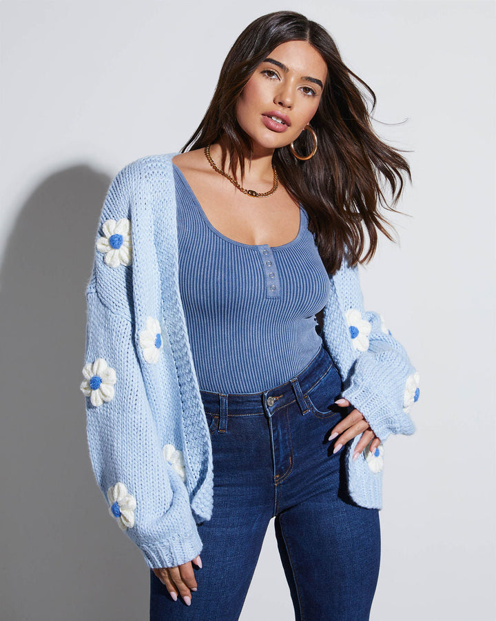Fallen Daisy Oversized Knit Cardigan Light Blue