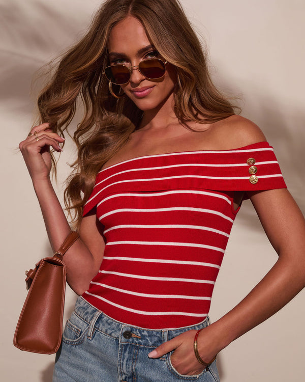 Strawberry Tide Striped Off The Shoulder Top Red White