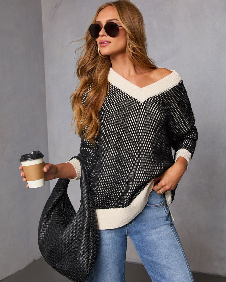 Lesiette Contrast Crochet Knit Sweater Black Ivory