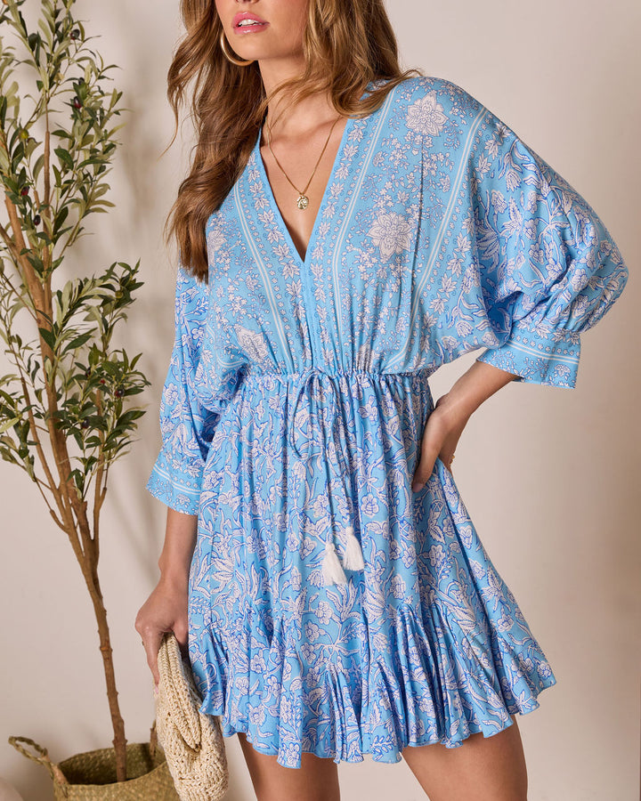 Athena Floral Tassel Tie Mini Dress Blue Multi