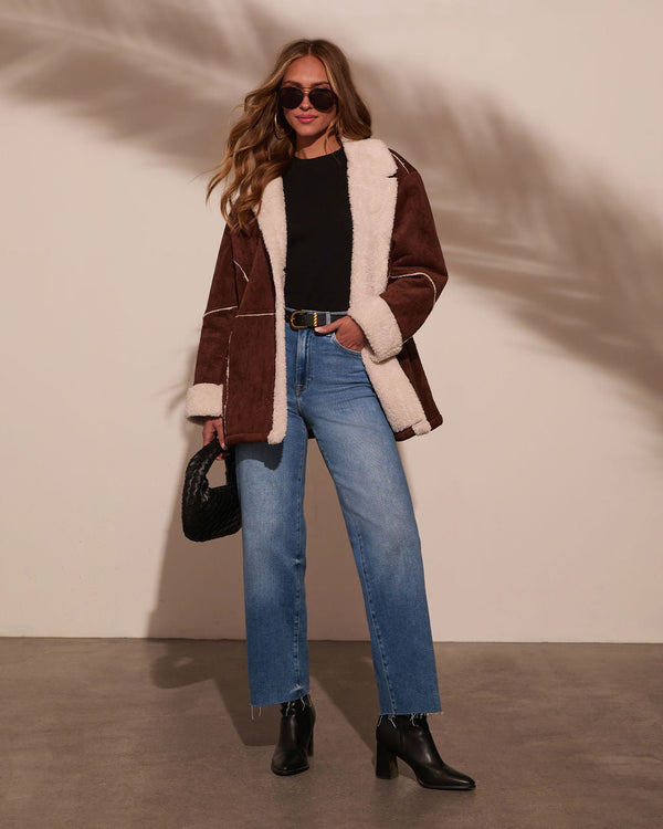 Genevieve Contrast Suede Shearling Coat Chocolate