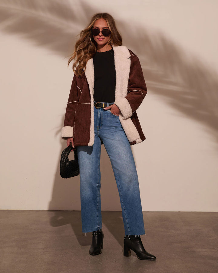 Genevieve Contrast Suede Shearling Coat Chocolate