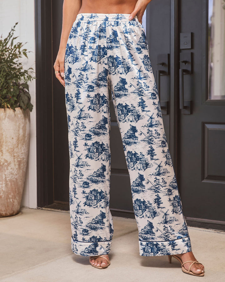 Veranda Satin Toile Print Pants Ivory Blue