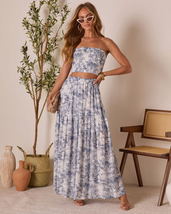 Cedar Skies Printed Strapless Crop Top Blue Ivory