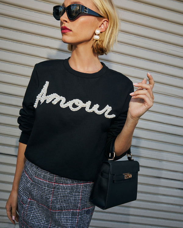 Signed Love Pearl Embellished Pullover Sweater Black