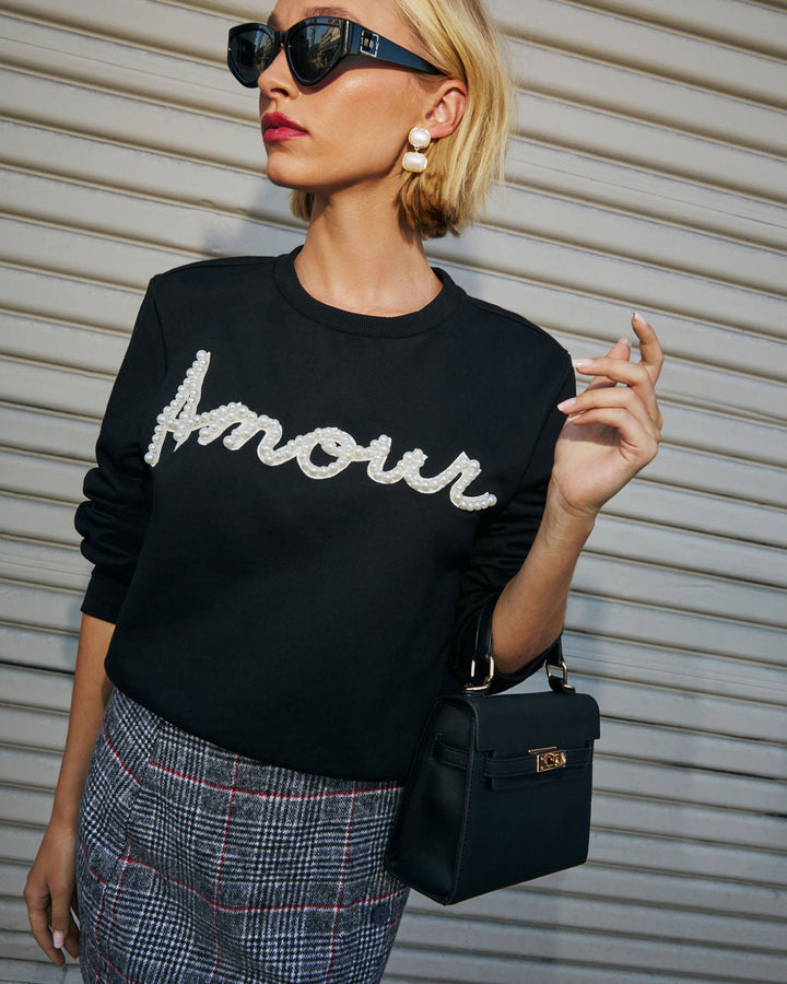Signed Love Pearl Embellished Pullover Sweater Black