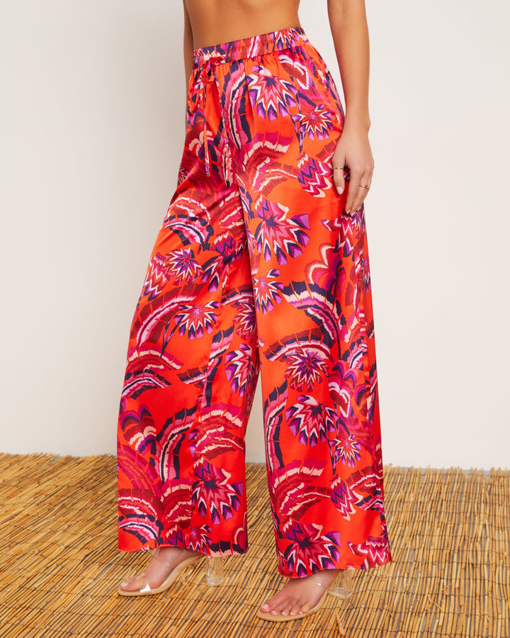 Azra Tropical Pocketed Wide Leg Drawstring Pant Red