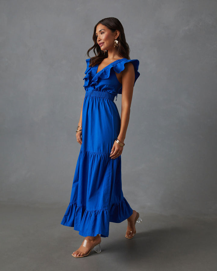 Minerva Tiered Ruffle V-Neck Maxi Dress Blue
