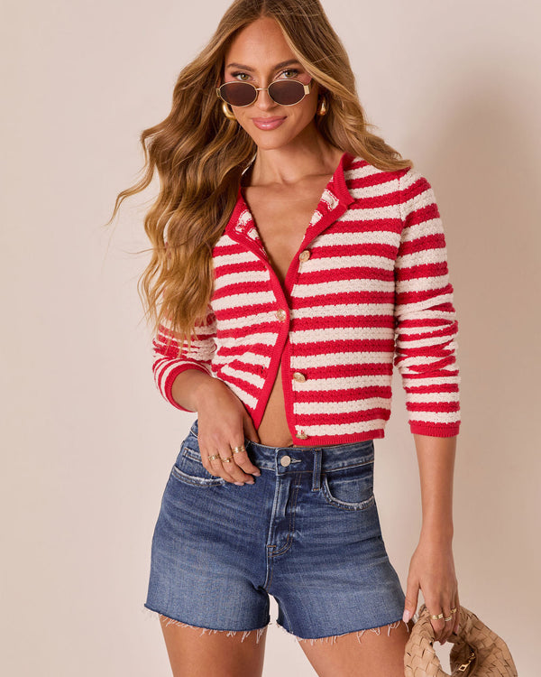 Tesley Striped Button Down Sweater Red Stripe