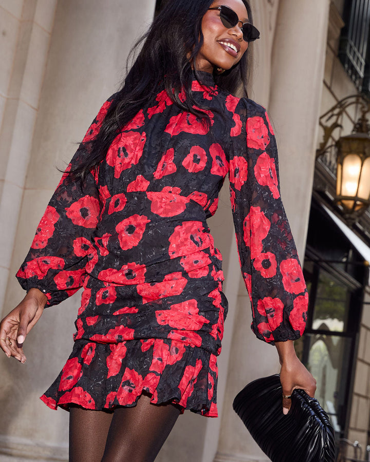 Silk Night Ruched Floral Mini Dress Black