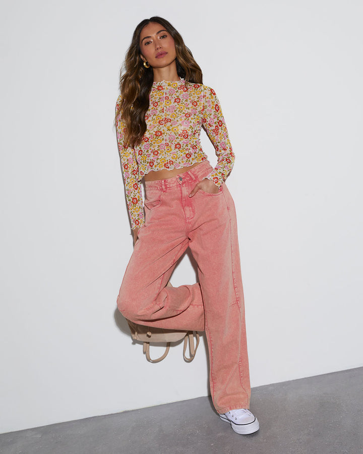 Feeling Good Sheer Floral Lettuce Hem Top