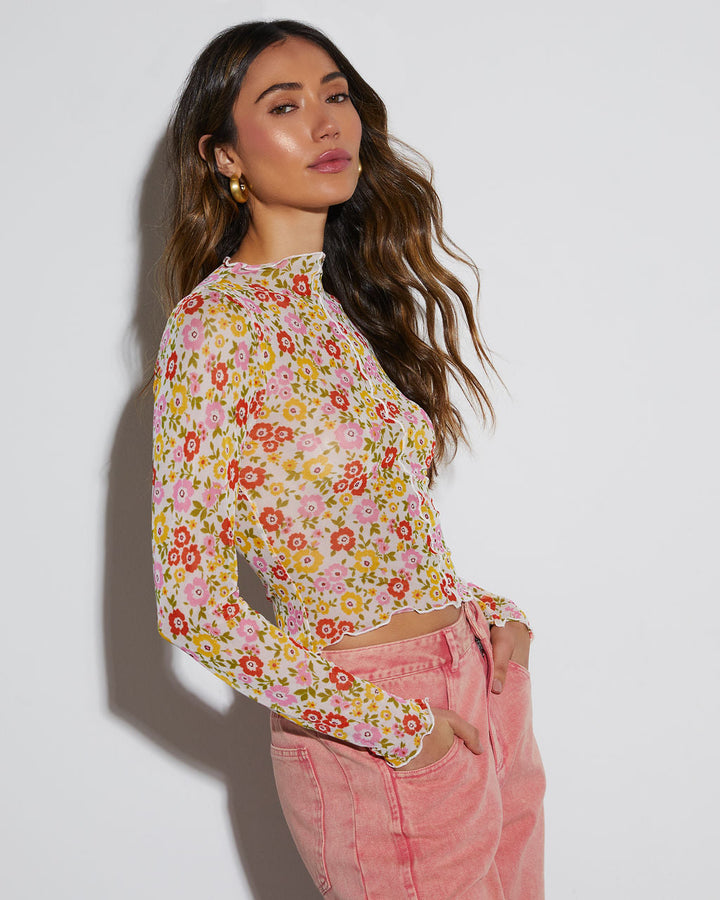 Feeling Good Sheer Floral Lettuce Hem Top