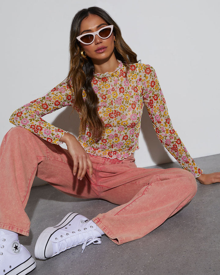 Feeling Good Sheer Floral Lettuce Hem Top Ivory Pink