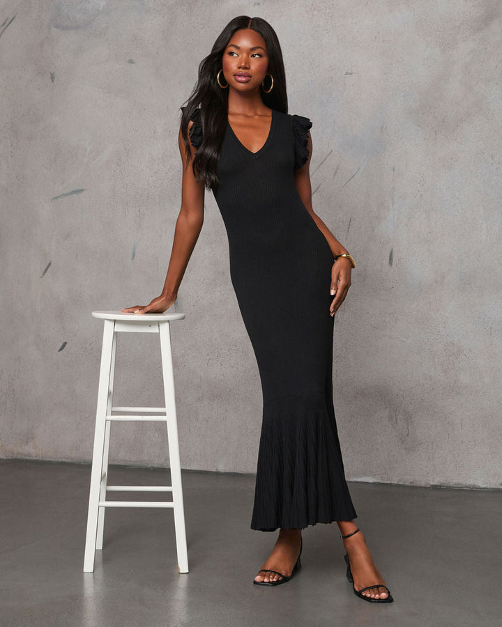 Slide Over Ribbed Knit Ruffle Midi Dress Black