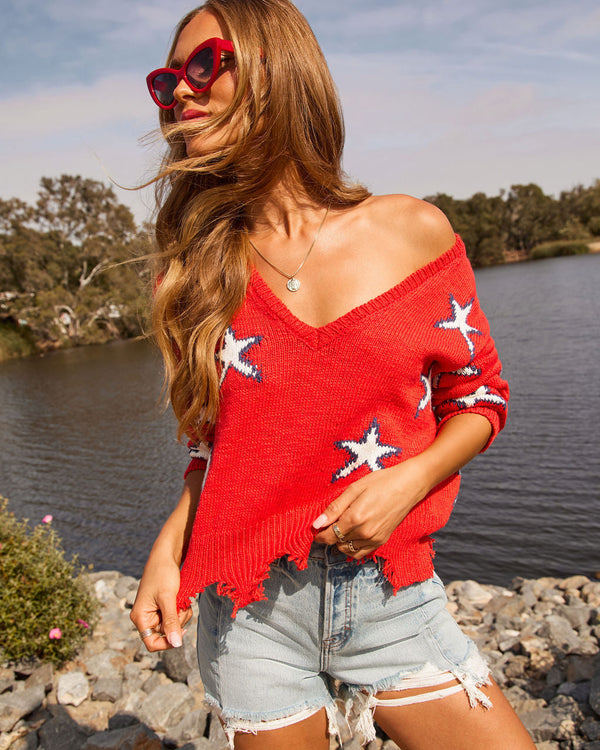 Reida Distressed Star Sweater Red Multi