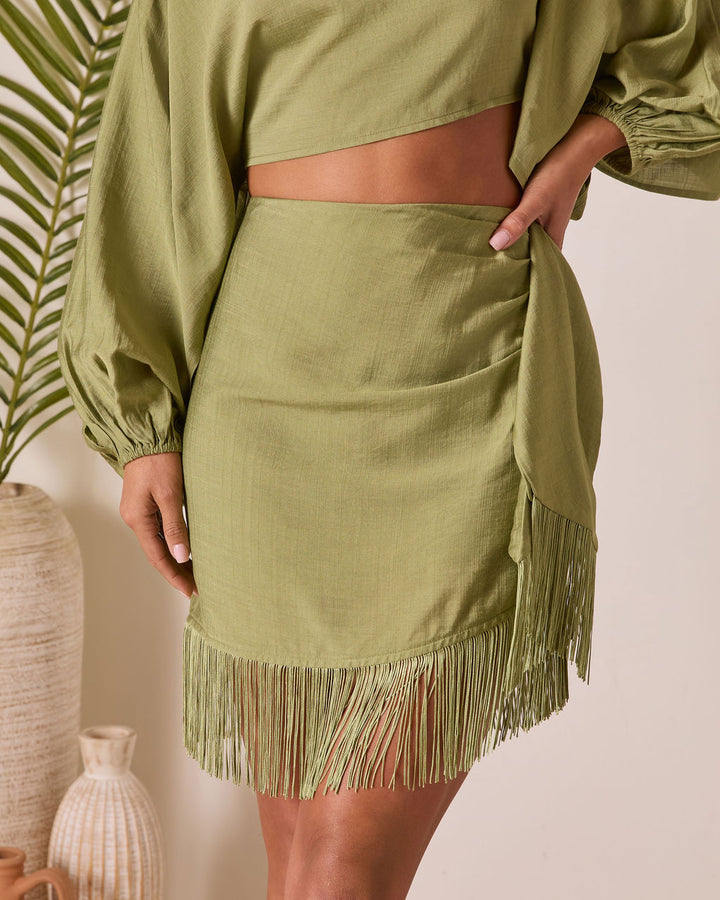 Caelia Wrap Fringe Mini Skirt Bright Olive