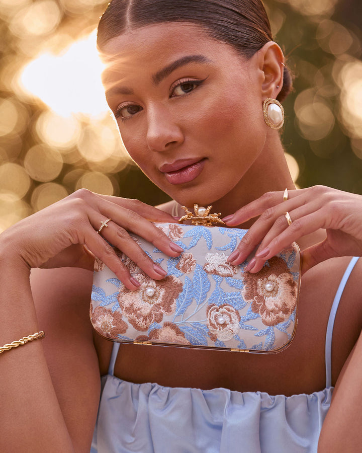 Freesia Embroidered Hard Case Clutch Blue Gold O S