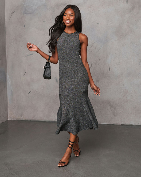 Allira Knit Metallic Mermaid Midi Dress Gunmetal