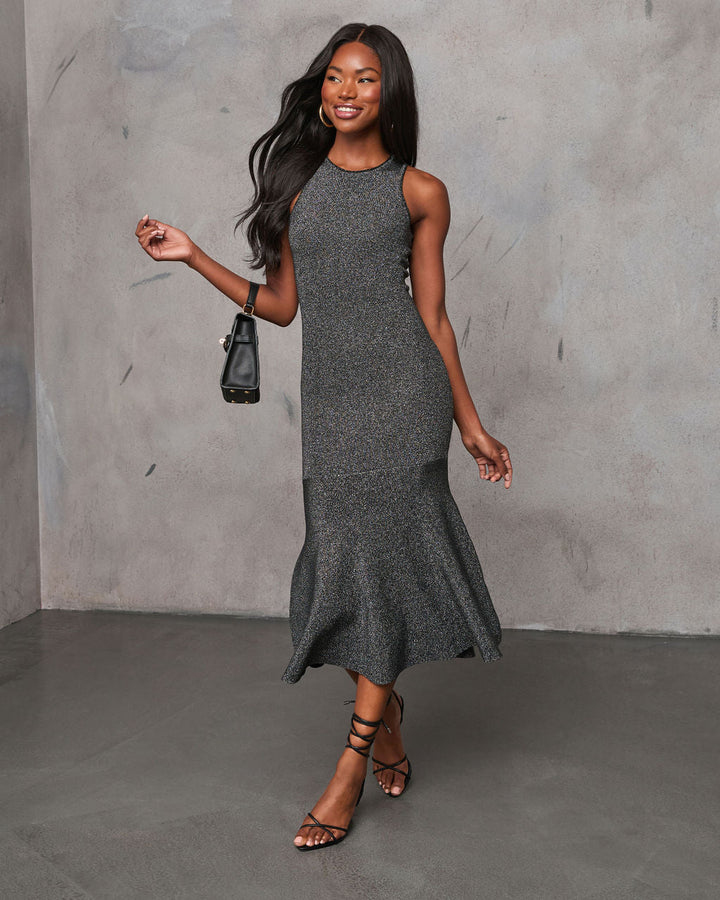 Allira Knit Metallic Mermaid Midi Dress Gunmetal